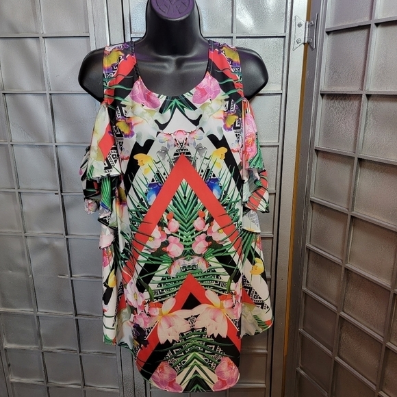 Gibson Latimer 2X cold shoulder floral blouse - Picture 1 of 16